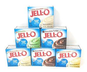 Jell-O Sugar Free Fat Free Pudding & Pie Filling Bundle of Six: Chocolate, Banana Cream, White Chocolate,Cheesecake, Pistachio and Chocolate Fudge (6 Boxes About 1 Ounces Each)