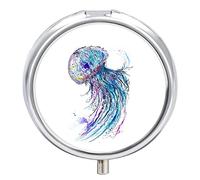 Jelly Fish Ethnic Style Turquoise Black Colorful Pattern Iron Pill Box Case Organizer with Internal Separate Plastic Dividers, Travel Small Medicine Bag Holder Carrier Round Container