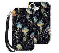 Jelly1fish Printed Flip Wallet Leather Phone Case Card Slots Compatible with iPhone 16 Series