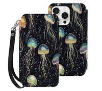 Jelly1fish Printed Flip Wallet Leather Phone Case Card Slots Compatible with iPhone 16 Series