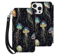 Jelly1fish Printed Flip Wallet Leather Phone Case Card Slots Compatible with iPhone 16 Series