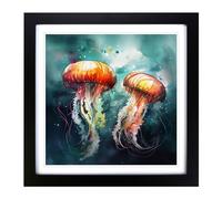 Jellyfish Abstract Art No.1 Framed Print | 18x18 Inch Black Framed Wall Art | Ready to Hang | Abstract Fantasy Picture | Living Room Bedroom Lounge Office