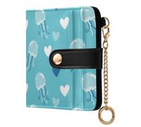 Jellyfish Blue Heart Print Small Women Wallet RFID Blocking Leather Bifold Compact Card Holder with Zipper Coin Pocket Purse for Women Ladies Girls