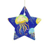 Jellyfish Ceramic Christmas Star Ornaments - 2.7 Inch Rustic Star Xmas Tree Decor with Hanging String, Personalized Vintage Double-Sided Holiday Party Decorations for Xmas Gifts