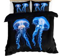 Jellyfish Duvet Cover Sets Ocean Blue Jellyfish Double Bedding Set for Boys Sea Underwater World Boys Bed Set Ocean Creature Comforter Covers Soft Microfiber Coastal Animal Quilt Cover & Pillowcase