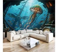Jellyfish Glowing Mural Wallpaper 3D Effect Under The Sea Dream Non-Woven Self-Adhesive Wallpaper Removable Large Photo Sticker TV Background Wall Decor for Living Room Bedroom 200x140 cm