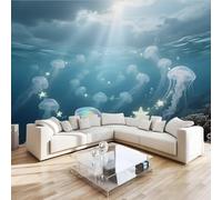 Jellyfish Glowing Mural Wallpaper 3D Effect Under The Sea Dream Non-Woven Self-Adhesive Wallpaper Removable Large Photo Sticker TV Background Wall Decor for Living Room Bedroom 250x175 cm