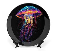 Jellyfish Glowing with Neon Colors Bone China Decorative Plate with Display Stand Ceramic Dinner Plates Wall Decor for Home Kitchen 7inch
