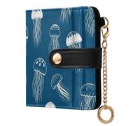 Jellyfish Ocean Blue Print Small Women Wallet Bifold RFID Blocking Leather Compact Card Holder with Zipper Coin Pocket Purse for Girls Women Ladies