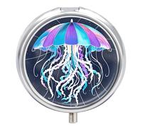 Jellyfish Pattern Pill Box 3 Compartment Waterproof Pill Case with Mirror Round Container Metal Medicine Box Organizer Portable Vitamin Case for Pocket & Purse Travel