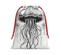 Jellyfish Pattern Print Christmas Drawstring Gift Bags, Xmas Holiday Fabric Gift Wrapping Bag For Party, Size-L