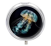 Jellyfish Pill Box 3 Compartment Waterproof Pill Case with Mirror Round Container Metal Medicine Box Organizer Portable Vitamin Case for Pocket & Purse Travel
