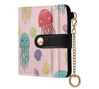 Jellyfish Seashell Pink Pattern Small Women Wallet Bifold PU Leather RFID Blocking Compact Card Holder with Coin Pocket Zipper Purse for Ladies Girls Women