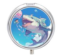 Jellyfish Shark Girl Pill Case Box with 3 Compartment Medicine Vitamin Organizer for Purse Pocket 5x5cm