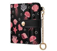 Jellyfish Shells Black Pattern Small Women Wallet RFID Blocking Leather Bifold Compact Card Holder with Coin Pocket Zipper Purse for Girls Women Ladies