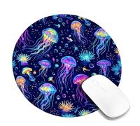 Jellyfish Small Mouse Pad, Underwater Vibrant Bubbles Seaweed Summer Blue Round Rubber Washable Portable Cloth Mousepad Desk Decor for Office Home Dorm Laptop Round 8x8 Inch
