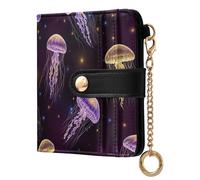 Jellyfish Stars Black Print Small Women Wallet Leather RFID Blocking Bifold Compact Card Holder with Coin Pocket Zipper Purse for Women Ladies Girls