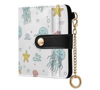 Jellyfish White Starfish Pattern Small Women Wallet Leather RFID Blocking Bifold Compact Card Holder with Zipper Coin Pocket Purse for Women Girls Ladies