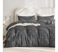 JELLYMONI Duvet Cover Queen Size Dark Grey - 3PCS Boho Duvet Cover Set Plaid Polyester Tufted Bohemian Jacquard Knit Textured Comforter Cover 90×90in Rhombic Geometric Pattern Zipper Corner Tie