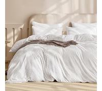 JELLYMONI Duvet Cover Queen Size White - 3PCS Boho Duvet Cover Set Plaid Polyester Tufted Bohemian Jacquard Knit Textured Comforter Cover 90×90in Rhombic Geometric Pattern Zipper Corner Tie