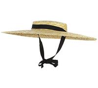 Jelord Women Vintage Boater Straw Hat Wide Brim Flat Top Floppy Derby Straw Hat Beach Sun Hats with Chin Strap Brim:12cm Beige, Beige, M