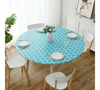 Jeloris Round Fitted Vinyl Tablecloth with Elastic Edge, Waterproof Moroccan Design Wipeable Plastic Table Cover with Flannel Backing, for Indoor Outdoor Patio Use (Turquoise, 48 Inch)