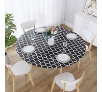 Jeloris Round Fitted Vinyl Tablecloth with Elastic Edge, Waterproof Moroccan Design Wipeable Plastic Table Cover with Flannel Backing, for Indoor Outdoor Patio Use (Black, 72 Inch)