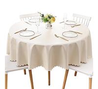 Jeloris Round Waterproof Vinyl Tablecloth, Stain Resistant Heavy Plastic Tablecloth, Wipeable Spillproof Oil-Proof Vinyl Table Cover for Kitchen, Dining, Parties, Wedding (55 inch, Beige)