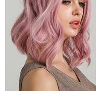 Jelquix Women's Short Bob Wavy Curly Synthetic Wig, Pastel Pink Cosplay Costume Wig, Adjustable Nylon Buckles, for Halloween Parties and Role Playing