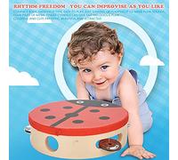 Jelquix Wooden Handheld Tambourine Bell Drum Toy for Kids, Compact Rhythmic Percussion Instrument for Singing and Dancing, Colorful Patterns, 15cm (Beetle)