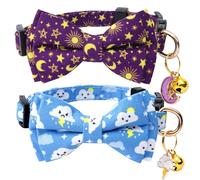 Jelwuion 2 Pack Cotton Cat Collar with Bow Tie and Bell for Girl Boy Cats,Cute Purple Moon and Blue Cloud Pattern Spring Summer Breakaway Cat Collar for Male Female Cats(Moon&Cloud)