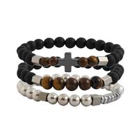 Jemant Beaded Cross Bracelets For Men Black Hematite Tiger Eye Stone Coconut Shell Rosary Stainless Steel Chain Brown Wooden Beaded Bracelet Set Christ Meditation Jewelry For Husband Bf