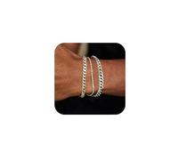JEMARA 3 Pcs Mens Bracelets,Stainless Steel Silver Bracelet for Men,Adjustable Sturdy Curb Width Silver Rope/Snake/Figaro/Cuban Chain Bracelet Set
