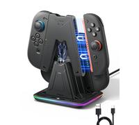 JEMDO Switch 2 Joy Con Charging Grip with Dock, Magnetic Dual Grip 4-Slot Controller Charger with LED Indicator, 9 RGB Lighting Modes, USB Cable or Dock Charging, Play While Charging, Travel Friendly