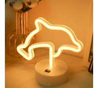 JEMESI Dolphins Neon Sign,USB or 3-AA Battery Powered Neon Light, Dolphins Shaped LED Neons Light Sign with Holder Base for Room Party Wedding Birthday Festival Decorations - Warm White