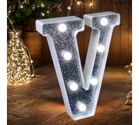 JEMESI LED Marquee Letter Lights, Light Up Silver Glitter Letters Sign Battery Powered Night Light for Birthday Party Wedding Home Decoration Baby Shower-V