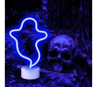 JEMESI Neon Ghost Shaped Blue Light LED Neon Signs Night Light Room Decor Light with Holder Base Table Neon Light for Bedroom Gift - Plug Into Wall USB (Ghost)