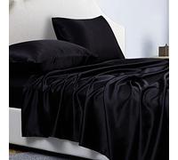 Jemiipee Satin Fitted Sheet Sets Solid Color, King Size, Extra Deep Pocket of 36 cm, Silky Bedding Set with Fitted Sheet, Flat Sheet and Pillowcases, Black