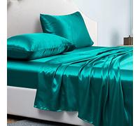 Jemiipee Satin Fitted Sheet Sets Solid Color, King Size, Extra Deep Pocket of 36 cm, Silky Bedding Set with Fitted Sheet, Flat Sheet and Pillowcases, Teal
