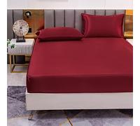 Jemiipee Satin Fitted Sheet Wine Red, King Size for Bed 150 x 200 cm, Deep Pocket 30 cm (12 Inch), Soft Silky Solid Color Fitted Bedding Sheets