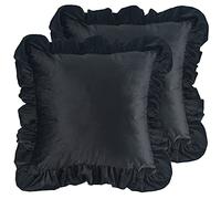 Jemiipee Velvet Ruffle Throw Pillow Covers Couch, Set of 2 Decorative Pillowcases with Ruffles 20x20 Inch Solid Color Shabby Chic Farmhouse Cushion Cover for Living Room Sofa Bed, Black