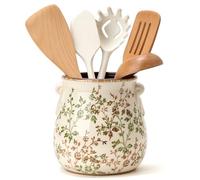 Jemirry Utensil Holder for Kitchen Counter, Modern Farmhouse Rustic Cooking Utensil Holder and Crock, Exquisite Chinoiserie Floral Ceramic Utensil Organizer for Home Kitchen Decor- Green and Beige