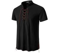 JEMITOP Men's Pure Cotton Vintage Short Sleeve Lace Up Shirts for Renaissance Pirate Viking Medieval Costume, Black-b, Large