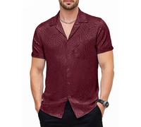 JEMITOP Mens Satin Silk-Like Designer Shirt Summer Regular Fit Short Sleeve Button Up Floral Shirt with Pocket, Burgundy, Large