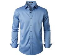 JEMITOP Men's Stretch Wrinkle Free Dress Shirts Formal Wedding Prom Long Sleeve Button Down Shirt, Classic Blue, Medium