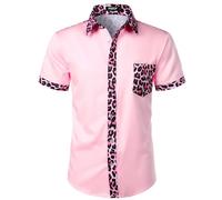 JEMITOP Men's Stretchy Causal Leopard Cheetah Print Short Sleeve Slim Fit Button Up Shirt, Pink Leopard, S