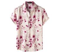 JEMITOP Men's Stylish Casual Printed Short Sleeve Button Down Shirts Summer Vacation Beach Tropical Hawaiian Shirt, Pink Floral, XXL