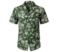JEMITOP Men's Summer Textured Cuban Collar Hawaiian Shirts Casual Vacation Short Sleeve Button Up Shirt with Pocket, Forest Green, Large