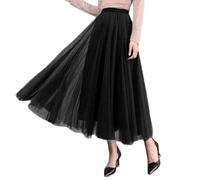 Jemmsia Women's Tulle Skirt Midi A-Line Multi Tiered Pleated Maxi Swing Skirt Elegant Elastic High Waist Long Tutu Flowy Skirts for Prom Homecoming Birthday Party Black