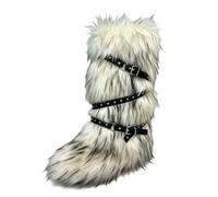 Jemnpela Women’s Faux Fur Ankle Mid Calf Slip-on Boots Gothic Punk | Buckle Rivet Decor Fluffy Furry Comfortable Snow Booties Rave Festival Cosplay Halloween Club Costume Party Warm Shoes